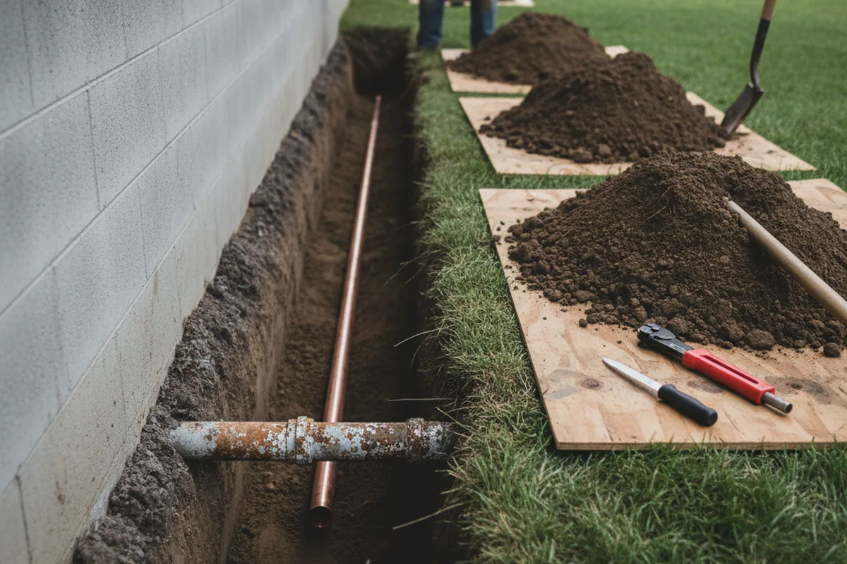 Excavated water line trench during Sewer Line Repair in Broadview Heights